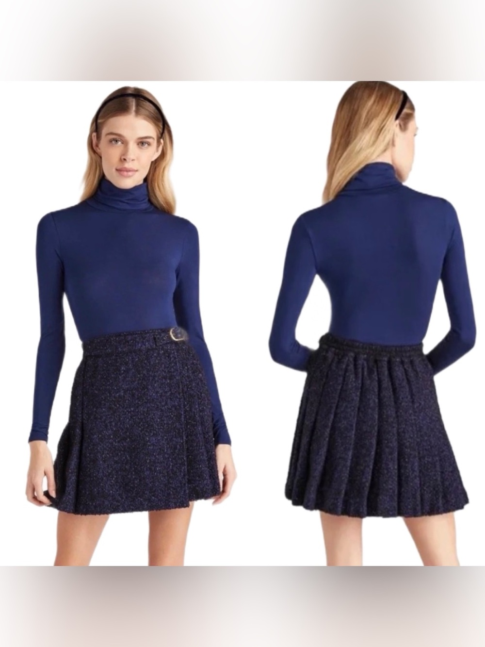Hill House Blair Skirt Navy Tweed Pleated Mini, Size Small, Elastic Waist